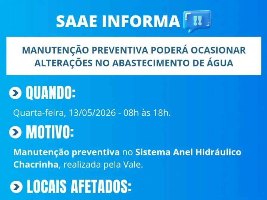 Itabira pode ficar sem água na quarta (13): manutenção da Vale derruba sistema por até 10 horas — veja o que fazer