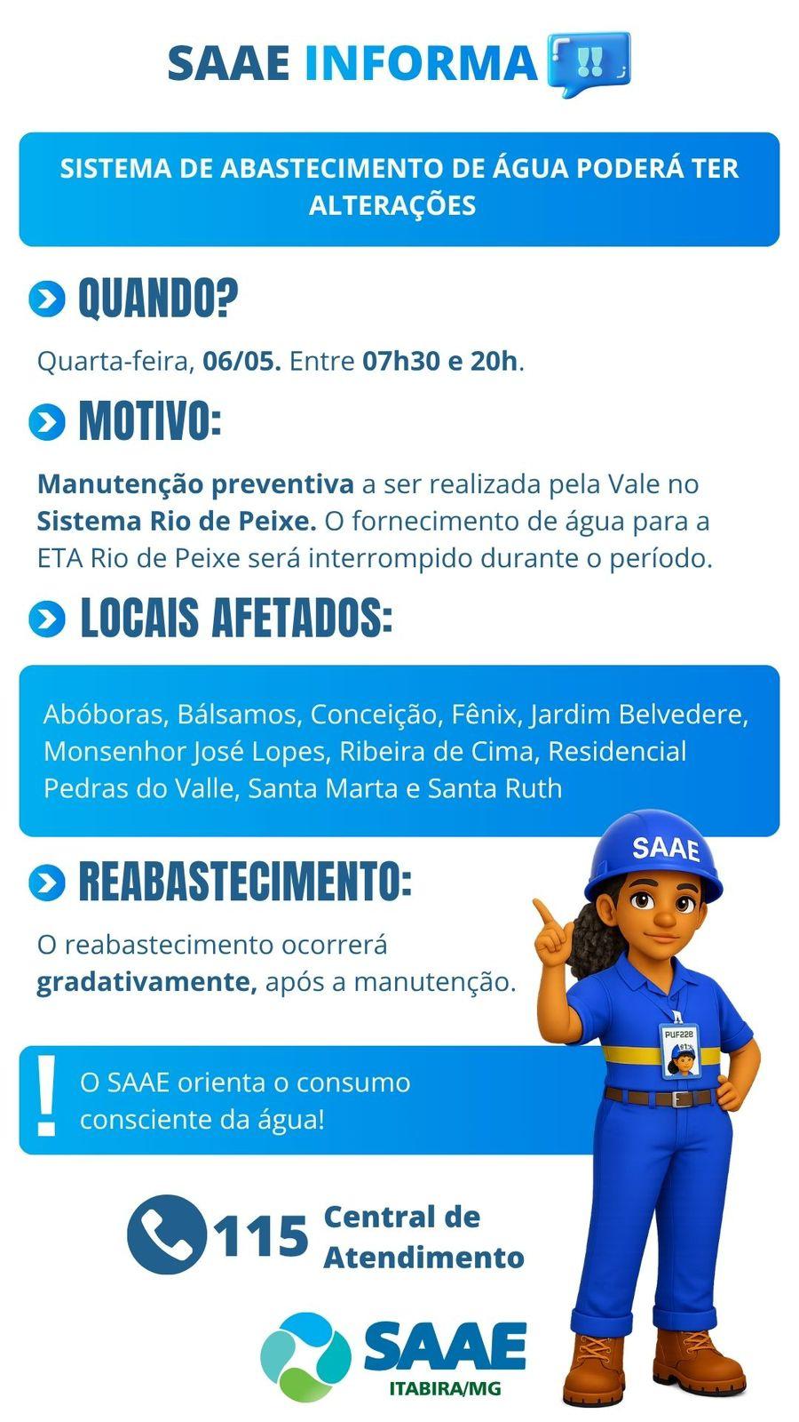 SAAE alerta: manutenção da Vale pode cortar água em bairros de Itabira nesta quarta (06/05)