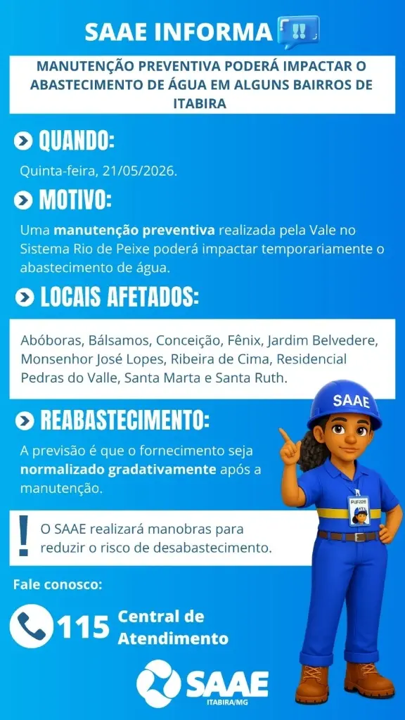 Vai faltar água em 10 bairros de Itabira nesta quinta (21): veja se o seu está na lista e como se preparar