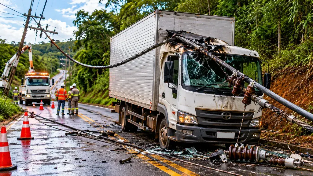 Cabo de alta tensão rompe e cai sobre caminhão na estrada do Borrachudo, em Itabira
