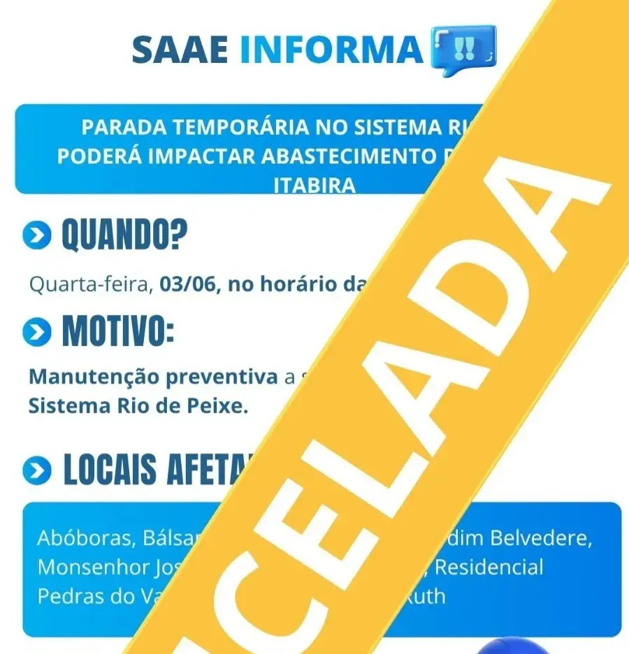 SAAE cancela parada programada no Sistema Rio de Peixe nesta quarta-feira em Itabira