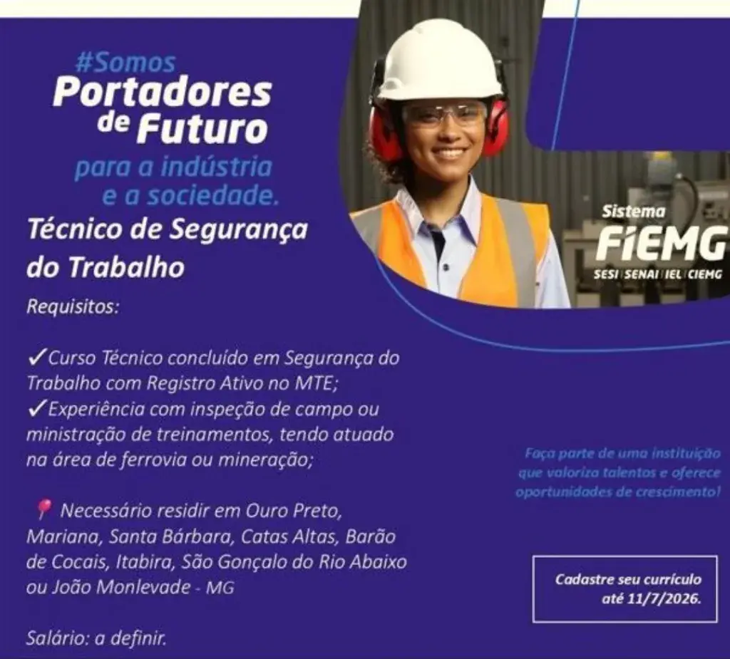 Sistema FIEMG abre vaga de emprego para Técnico de Segurança do Trabalho com opção de residir em Itabira