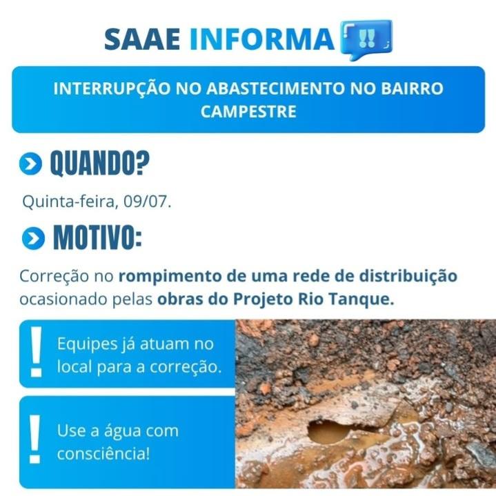 Obra do Rio Tanque rompe rede e afeta abastecimento no Campestre