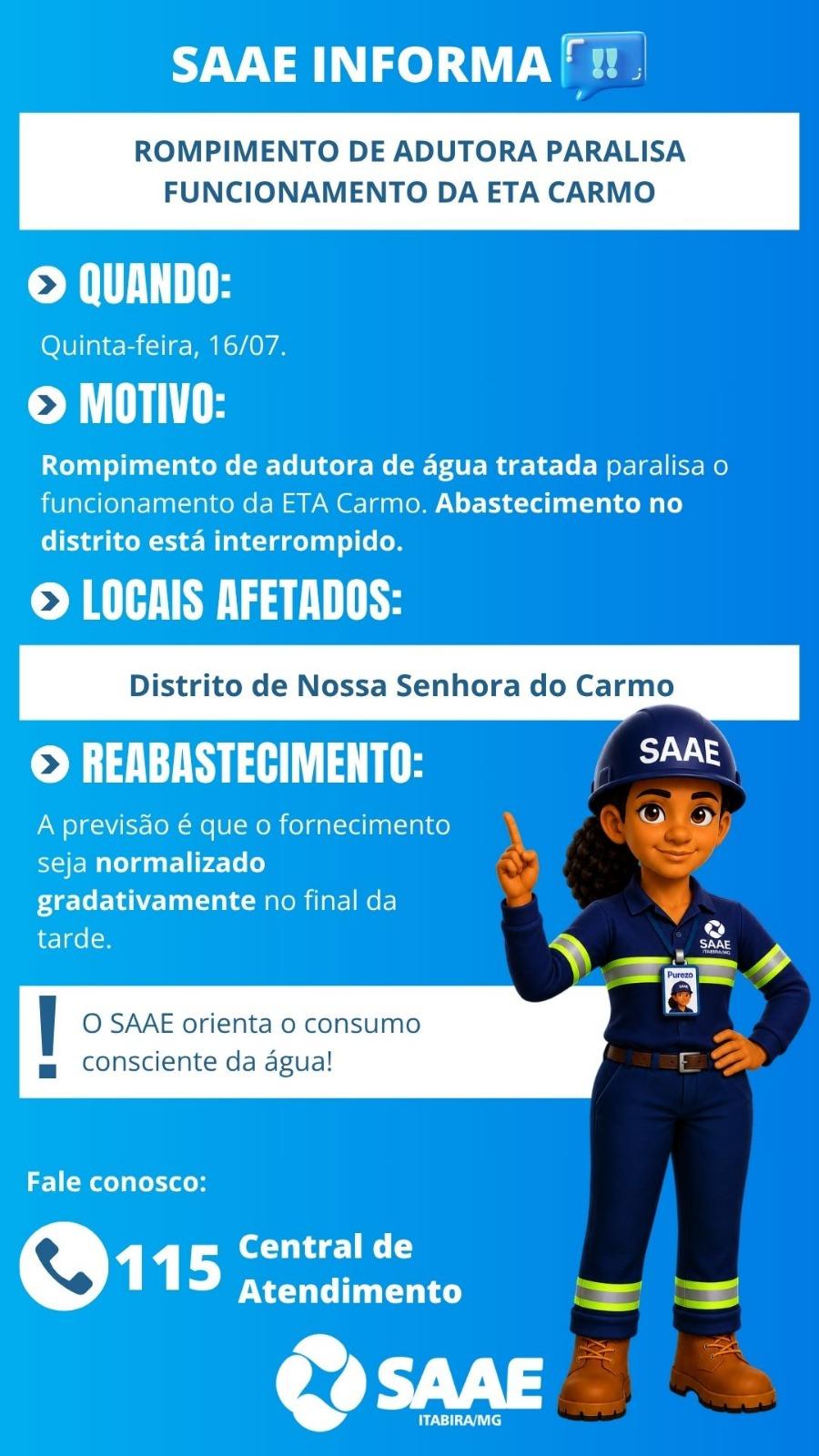 Rompimento de adutora deixa distrito de Nossa Senhora do Carmo sem água nesta quinta em Itabira 