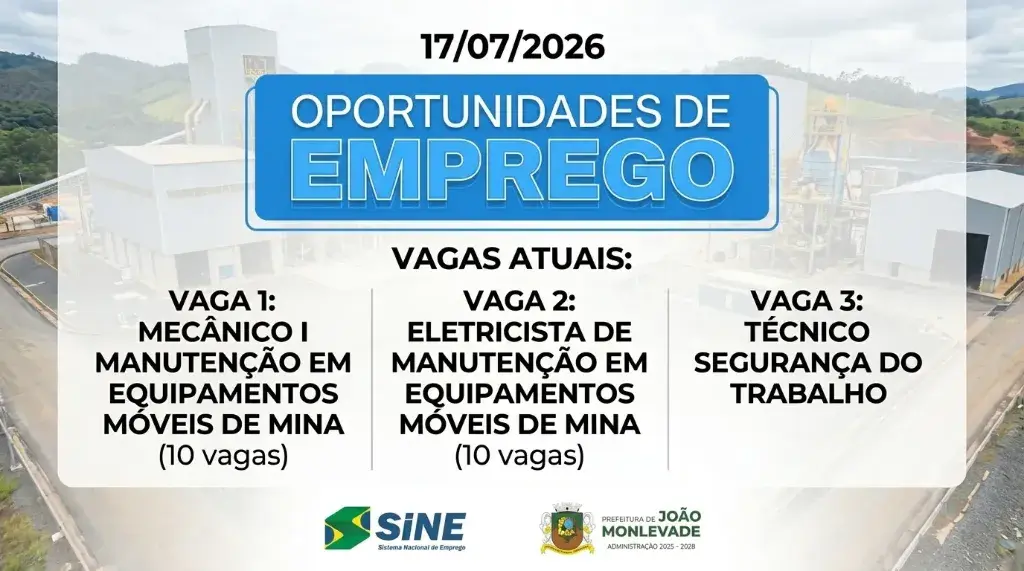 SINE anuncia 20 vagas técnicas para trabalhar na Mina de Brucutu