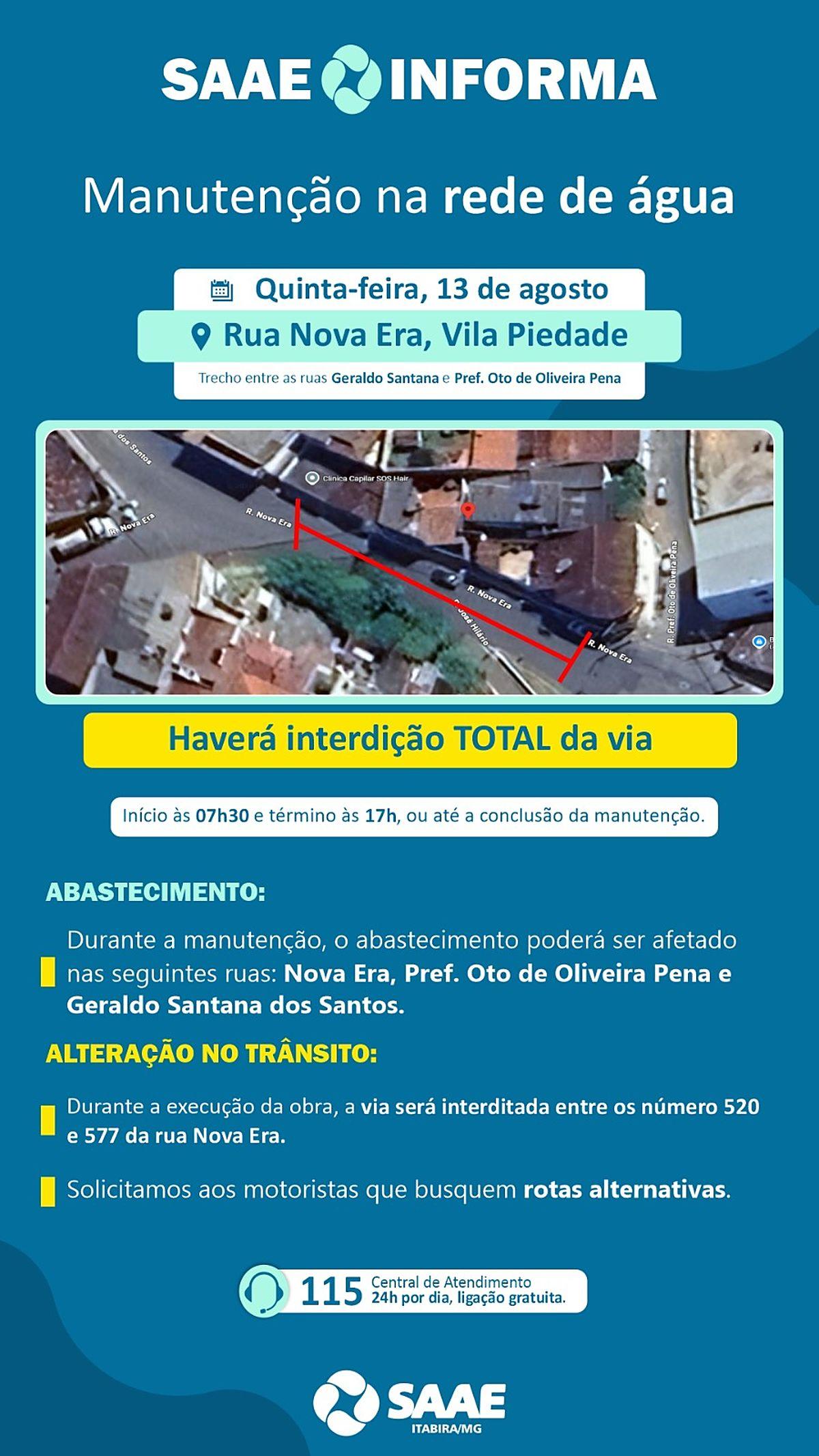 Obra do SAAE bloqueia trecho da Rua Nova Era e pode afetar abastecimento