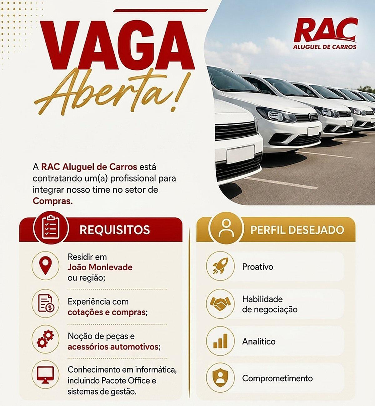 RAC abre vaga de emprego para profissional de Compras em João Monlevade