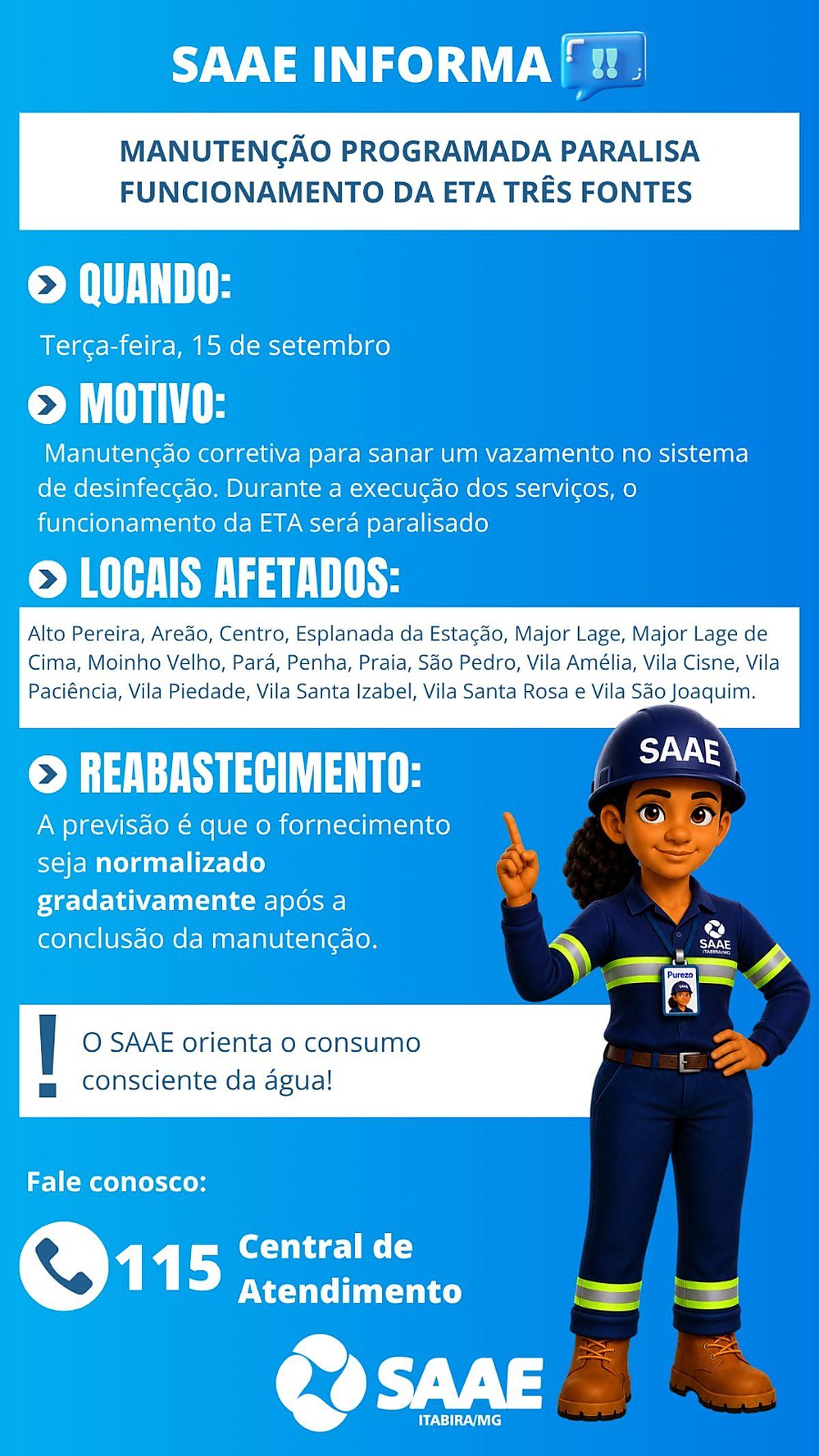 Saae interrompe ETA Três Fontes e pode afetar 18 bairros de Itabira
